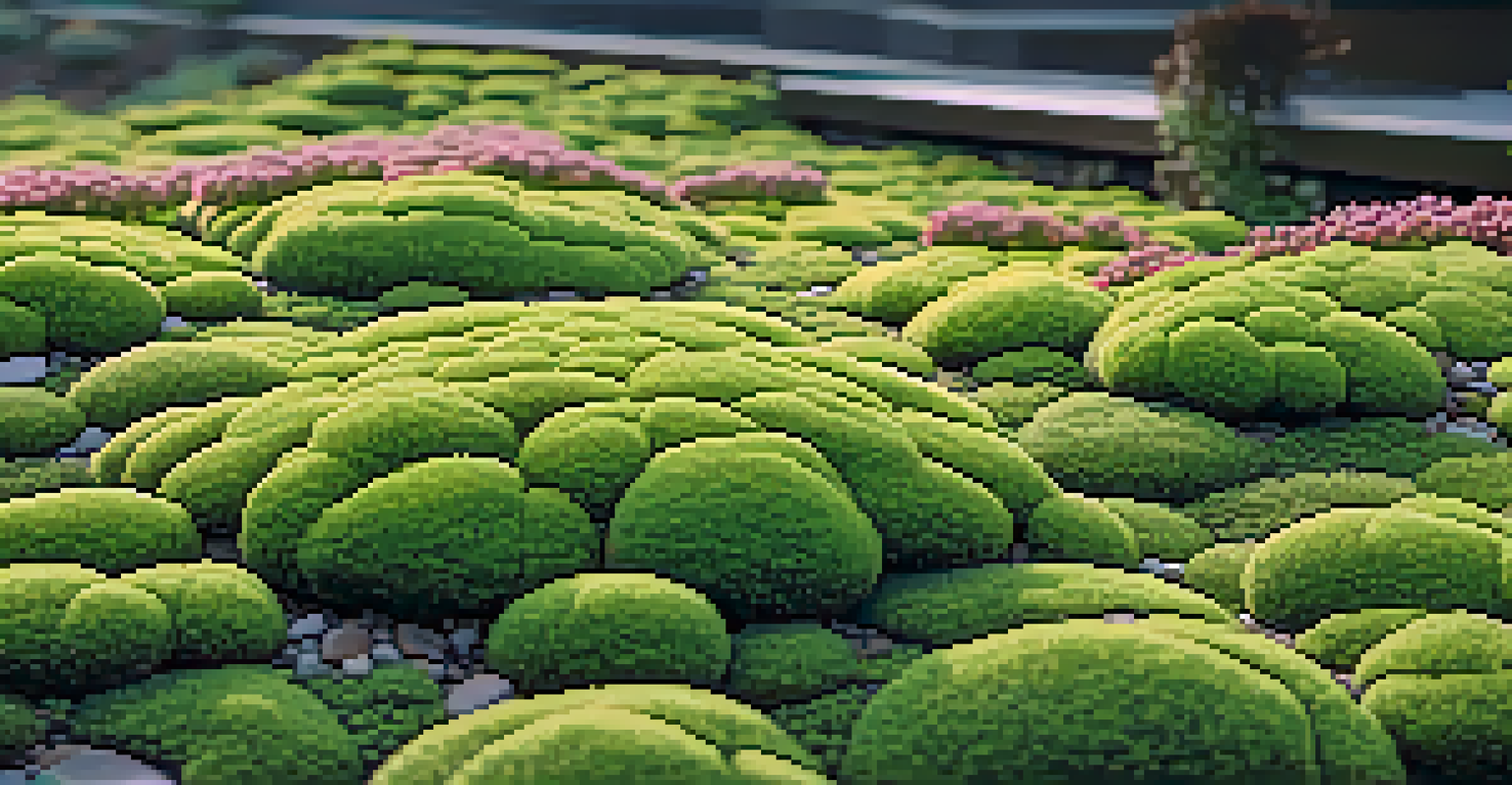Close-up of an extensive green roof with low-growing sedum plants and stones, illuminated by soft natural light.