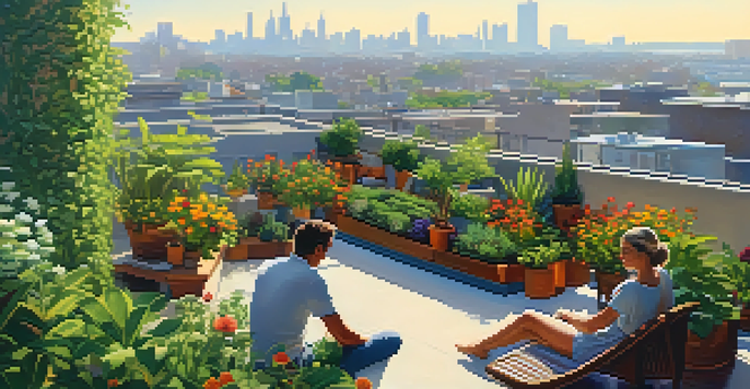 A peaceful rooftop garden with diverse plants and flowers, featuring people caring for the garden and relaxing, with a city skyline in the background.