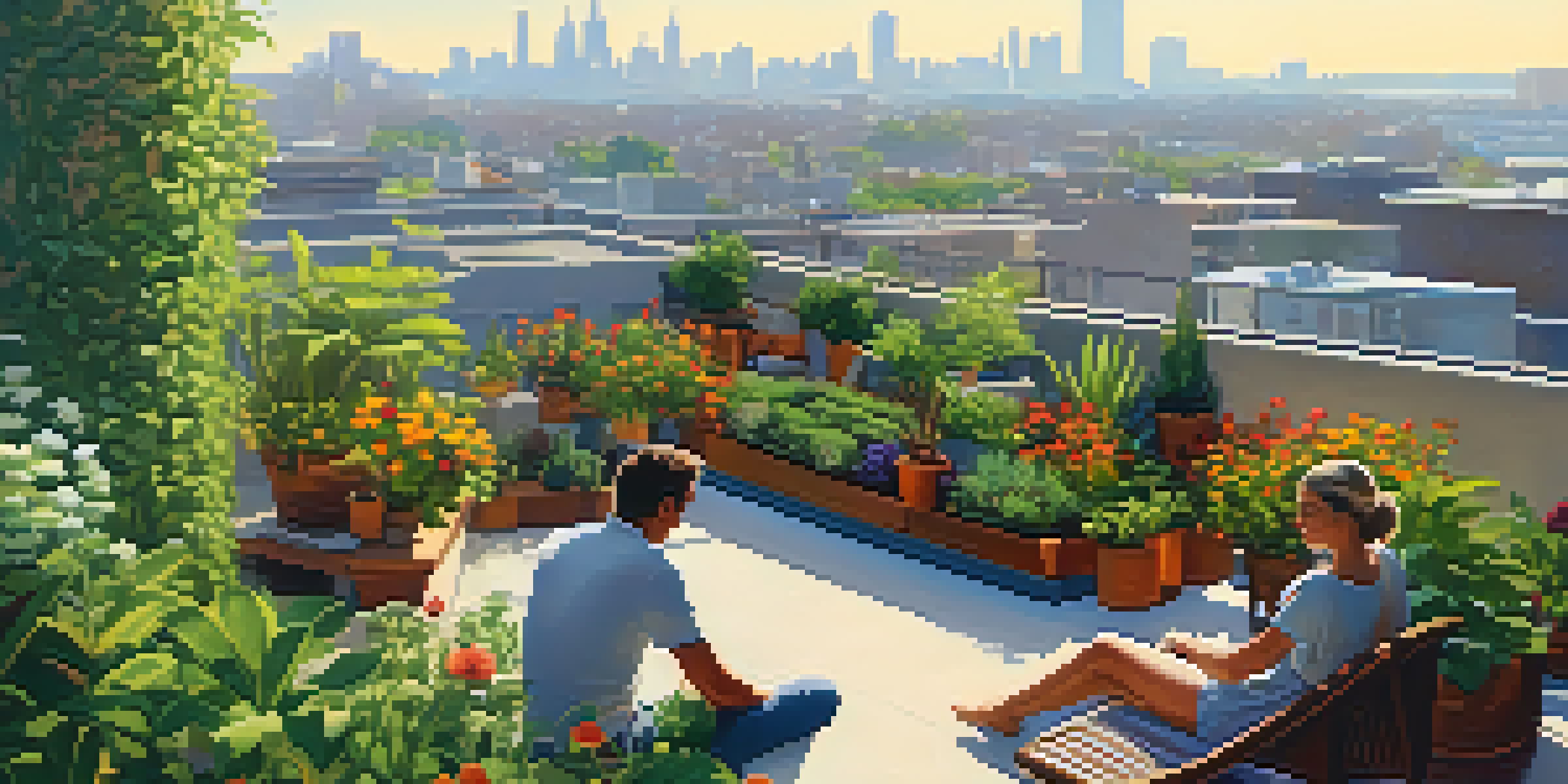 A peaceful rooftop garden with diverse plants and flowers, featuring people caring for the garden and relaxing, with a city skyline in the background.