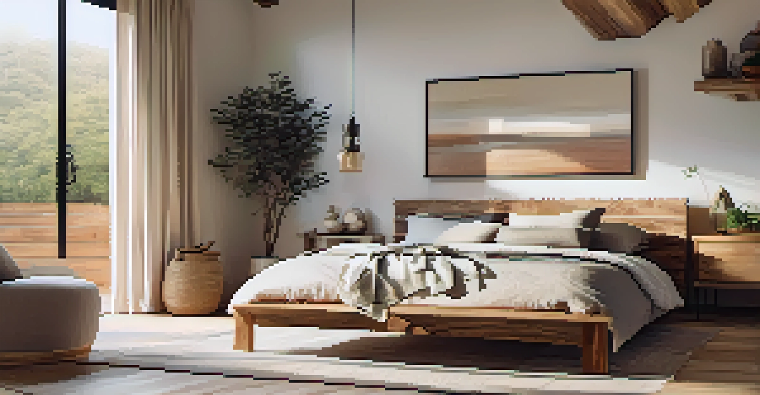 A serene bedroom with a reclaimed wood bed frame and cozy linens, bathed in natural light.