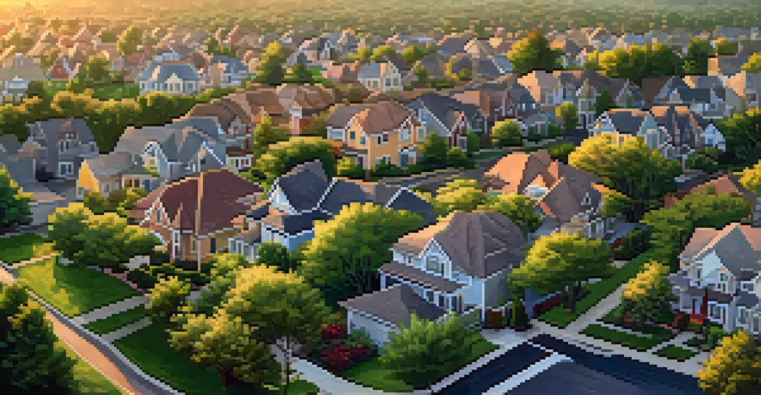 Aerial view of a charming neighborhood with green lawns and homes during sunset.