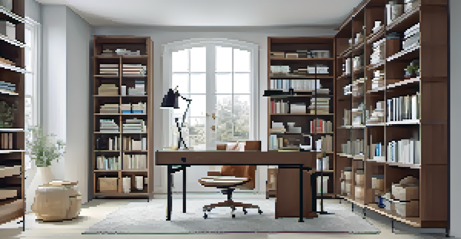 A vertical storage system with wall-mounted shelves in a home office, displaying books and decorative items above a clean desk.