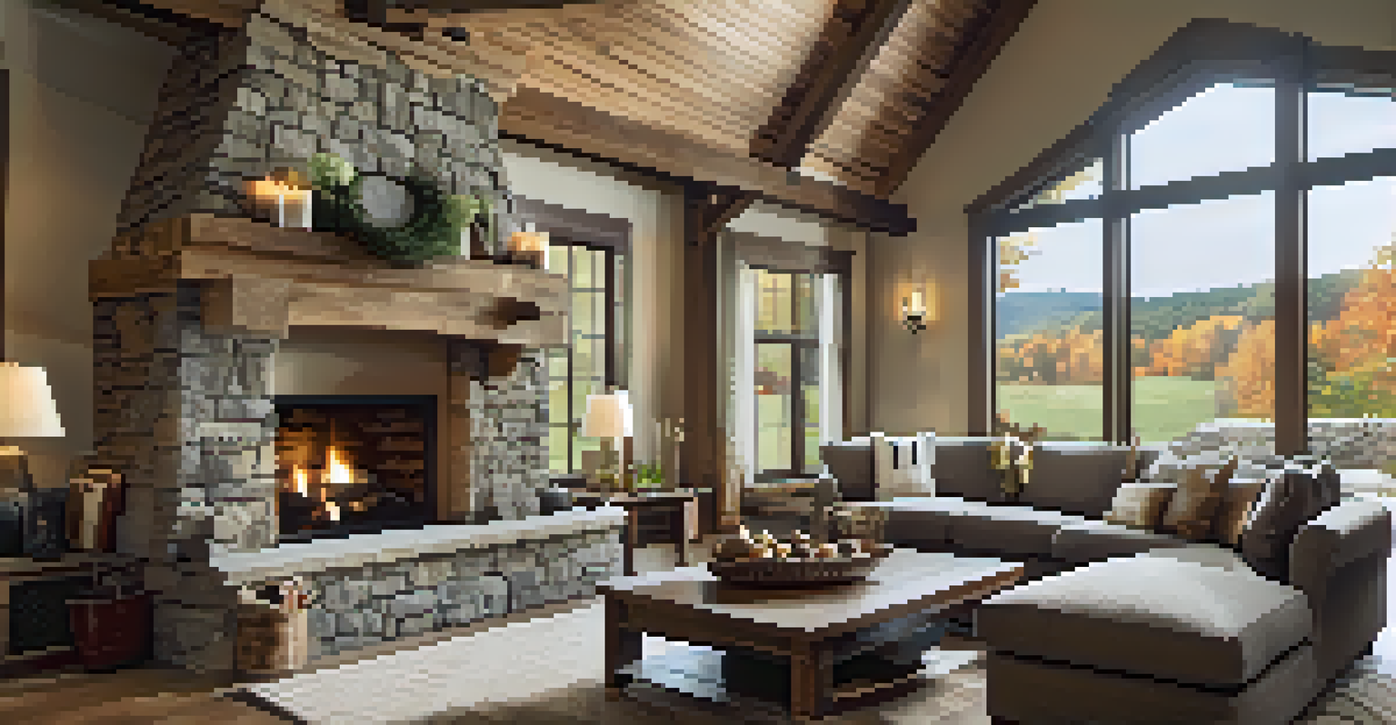 A cozy living room with a stone fireplace, soft seating, and natural light streaming through large windows.
