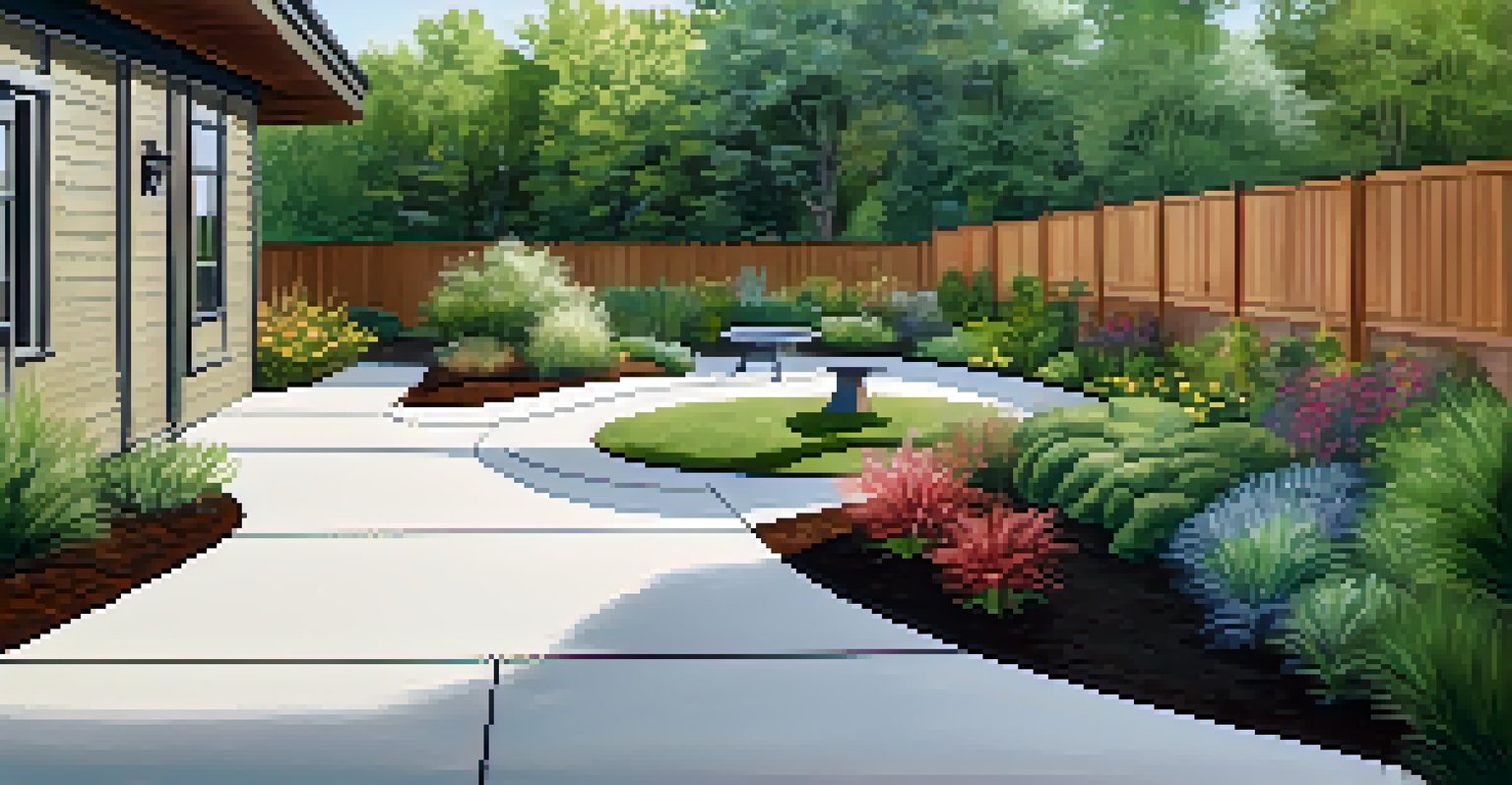 A landscaped yard with native plants, shade trees, and an eco-friendly pathway.