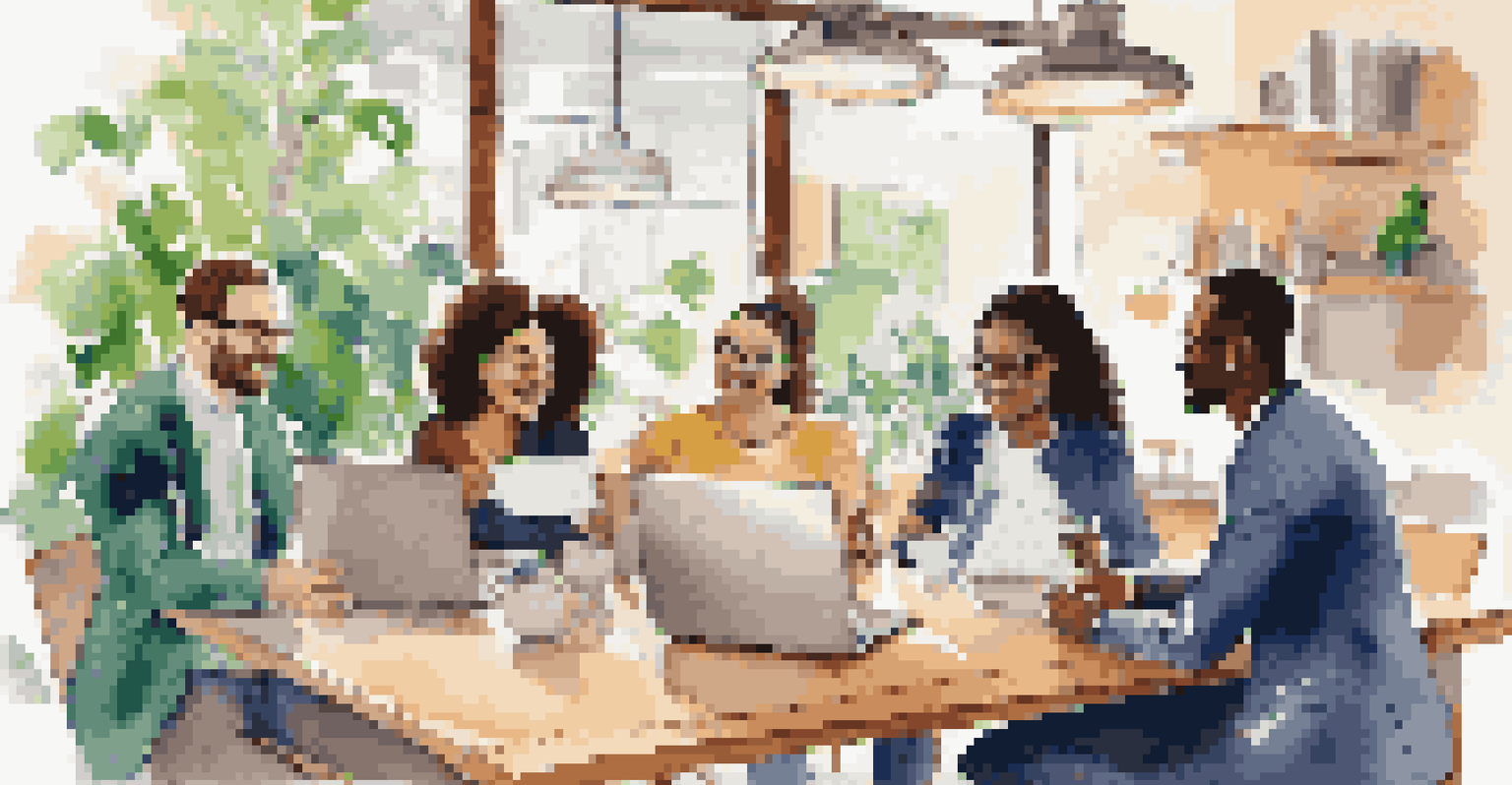 A group of young investors discussing real estate crowdfunding in a modern café.