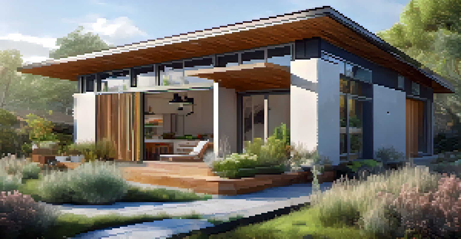 An eco-friendly home with solar panels, a green roof, and a small vegetable garden.