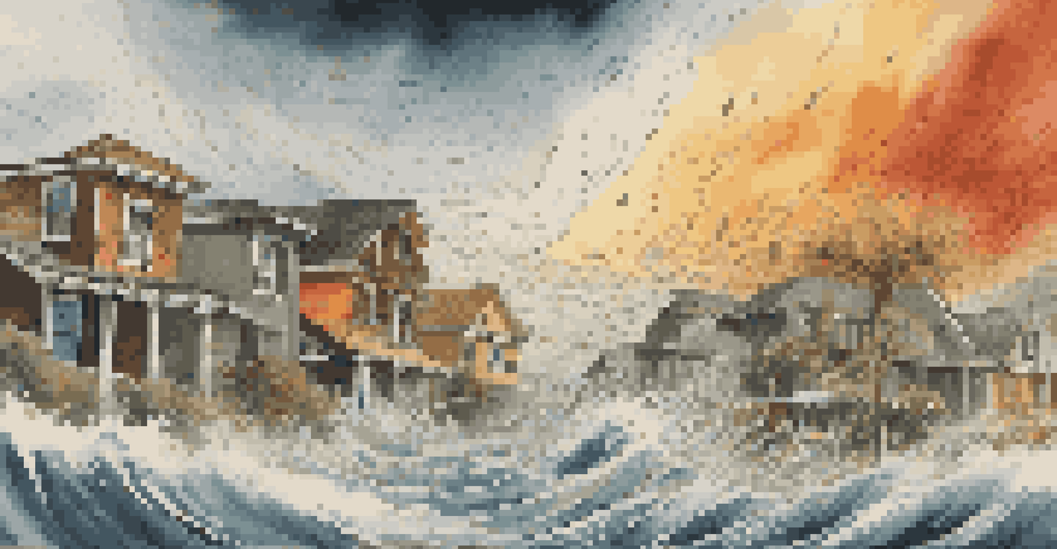 An illustration of different natural disasters affecting a home, including a hurricane, earthquake, and flood.