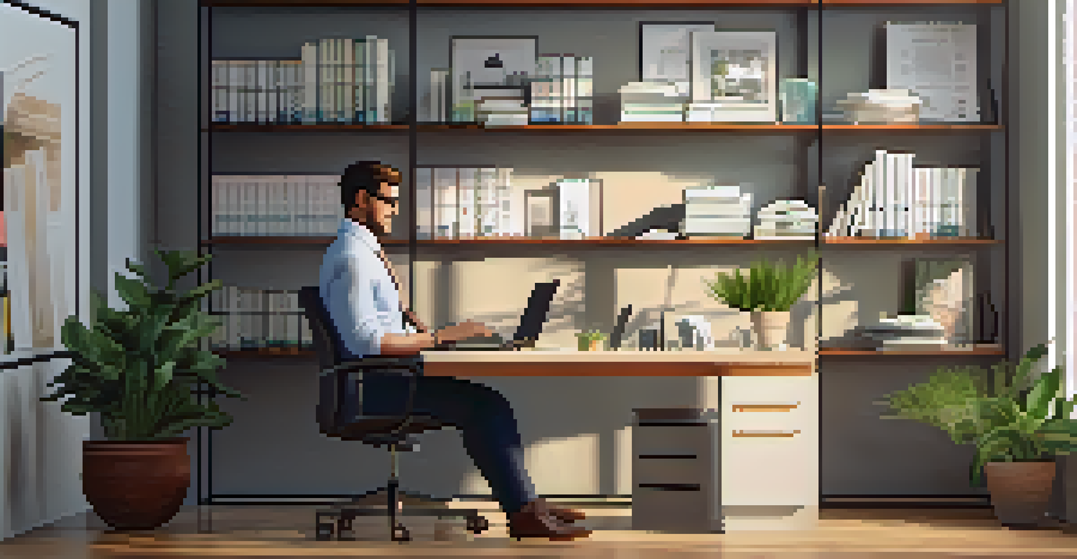 A real estate agent working at a desk with a laptop and documents in a modern office setting.
