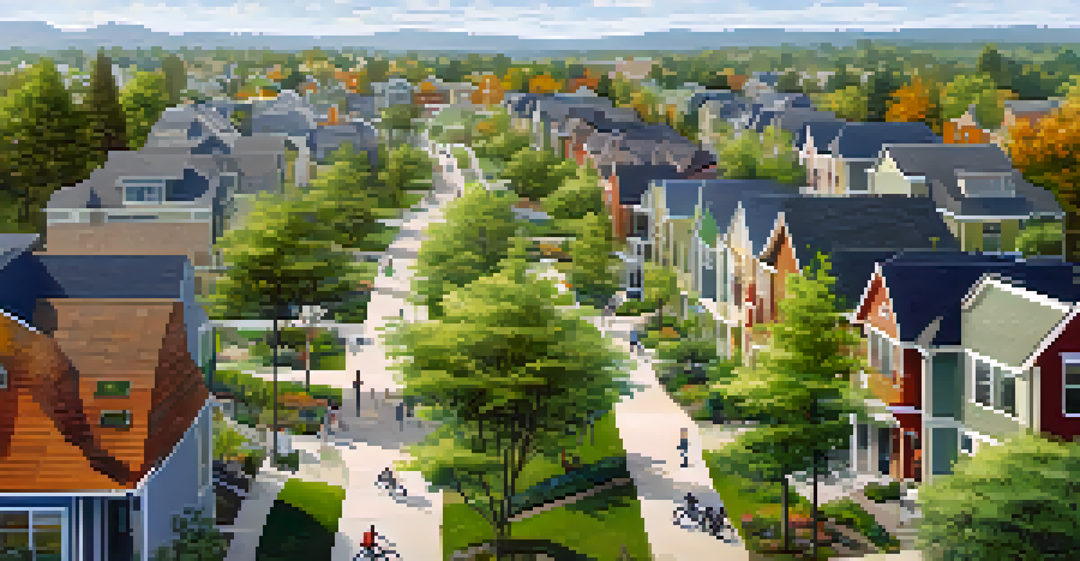 An aerial view of a sustainable neighborhood with homes, bike paths, and people enjoying the outdoors.