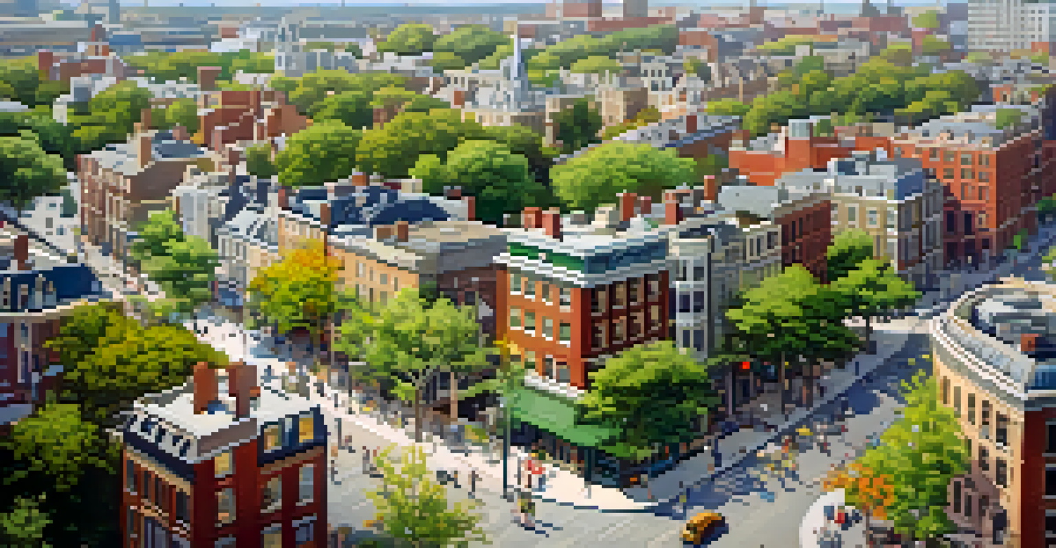 An aerial perspective of a lively city neighborhood with a blend of modern and historic architecture, busy streets, and parks.