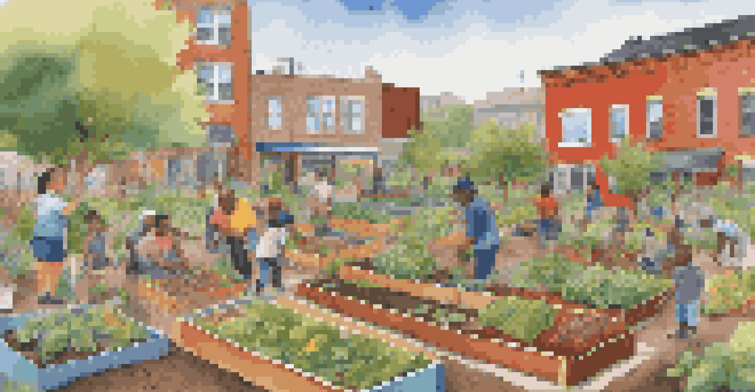 A community garden with people planting and tending to flowers and vegetables, featuring a colorful mural.