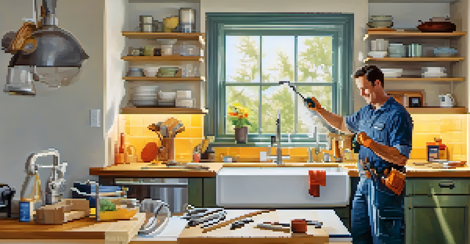 A handyman fixing a leaky faucet in a bright kitchen, surrounded by tools and a cheerful atmosphere.