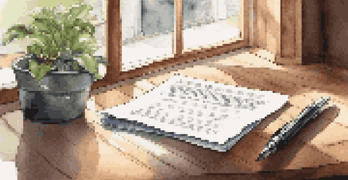 A real estate contract document on a wooden desk with a pen and a potted plant, illuminated by soft natural light.