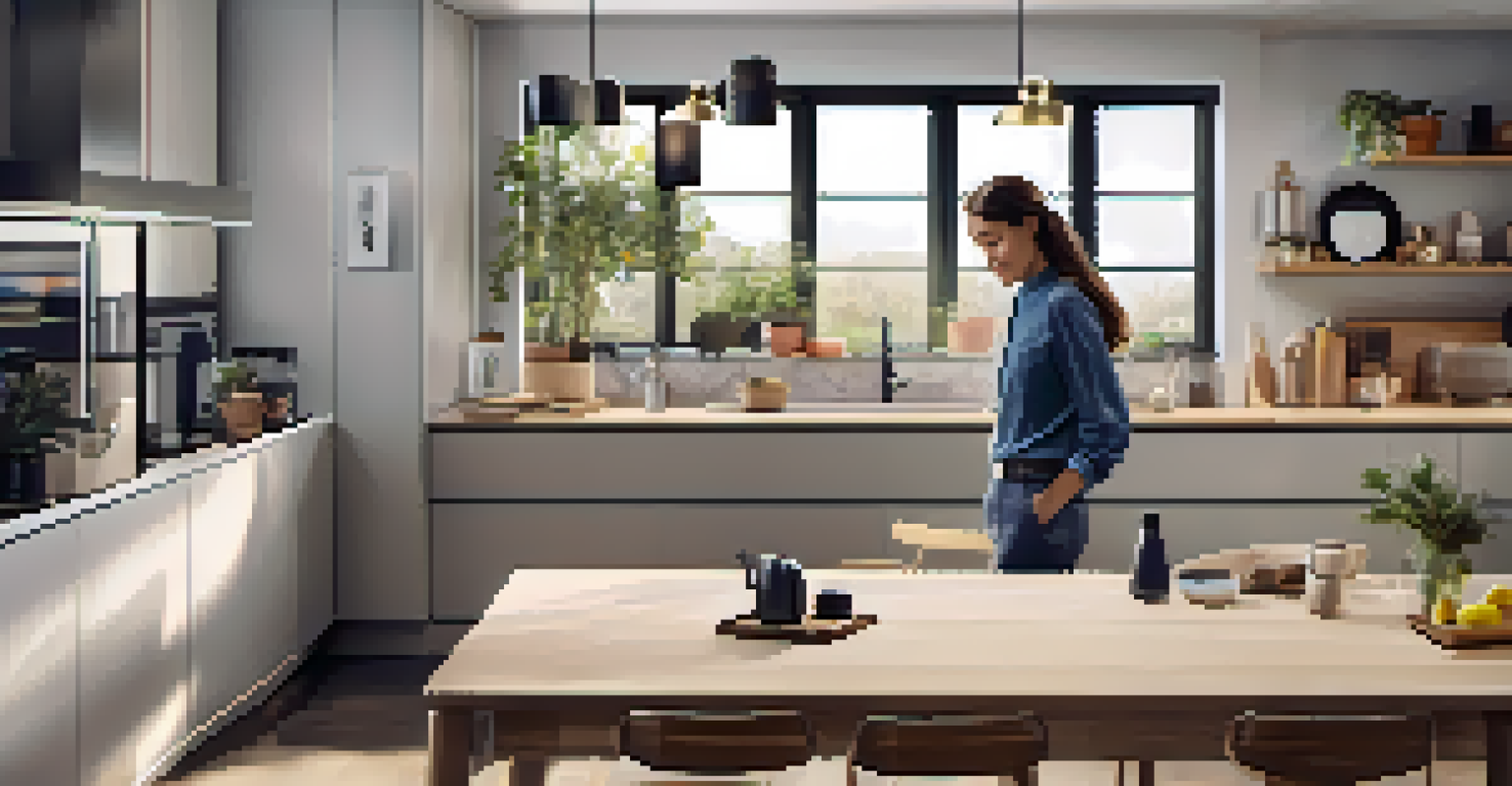A person in a stylish kitchen using voice control to manage smart home devices, showcasing a relaxed atmosphere.