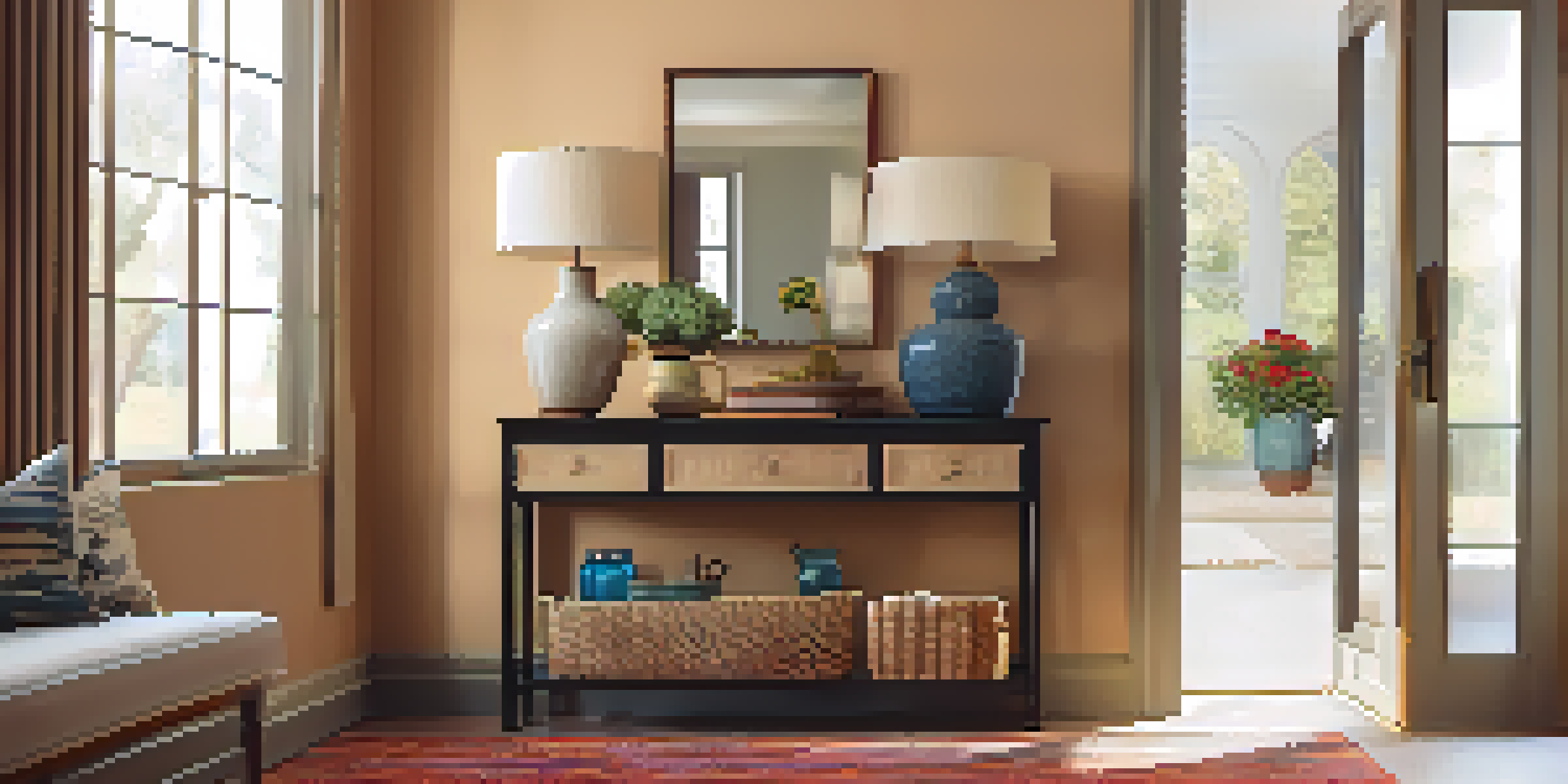 A warm and inviting entryway with a console table, decorative vases, and a mirror. A colorful rug is on the floor, and natural light streams in from a window.