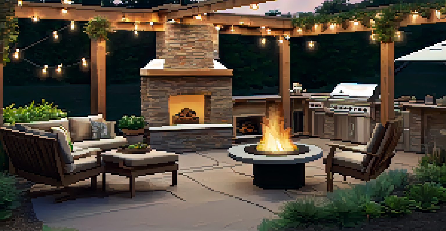 A functional outdoor living area with an outdoor kitchen, fire pit, eco-friendly furniture, and string lights creating a warm ambiance.