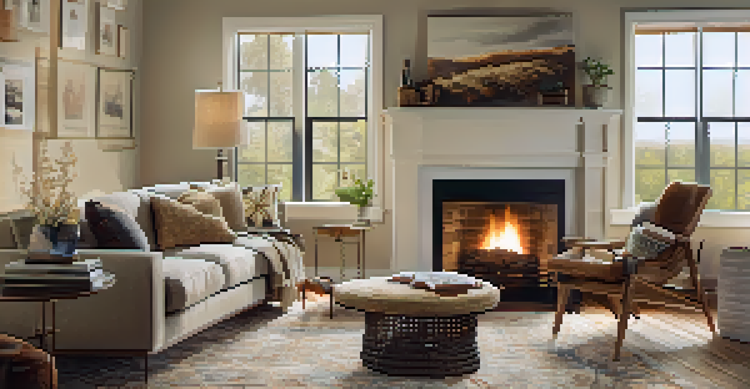 A cozy living room with a fireplace, comfortable furniture, and warm light coming through a large window.