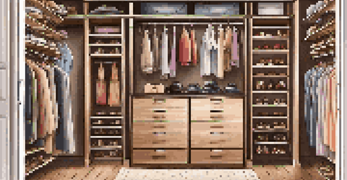 An organized DIY closet with wooden shelves displaying shoes and accessories, illuminated by soft lighting.