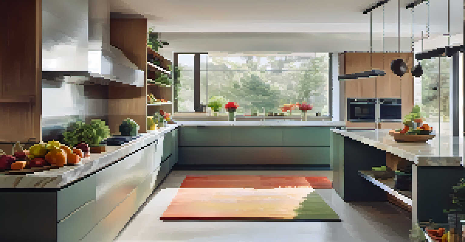 A bright and modern kitchen with elegant marble countertops and fresh fruits.
