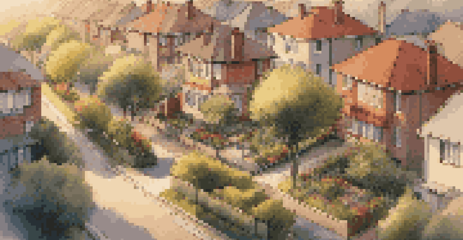 Aerial view of a residential neighborhood with houses near a bus stop and tram line during golden hour.