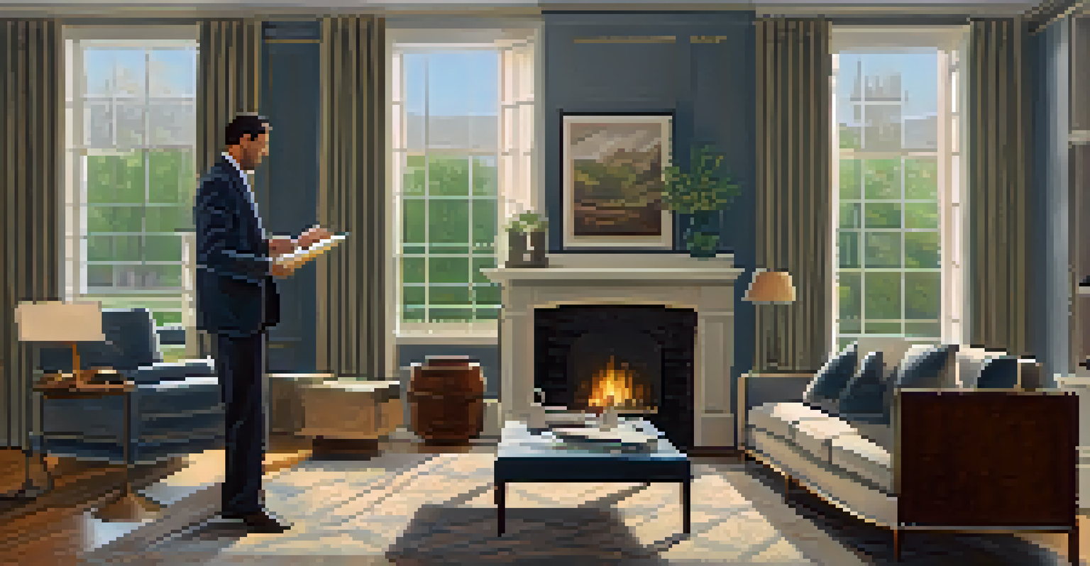 An appraiser inspecting a living room with modern furniture and a fireplace, taking notes on a clipboard.