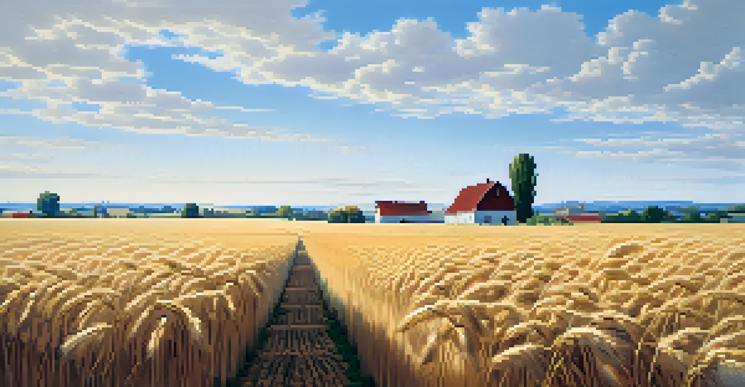 A peaceful rural scene with a farmhouse and golden wheat fields, contrasted by a distant city skyline under a clear blue sky.