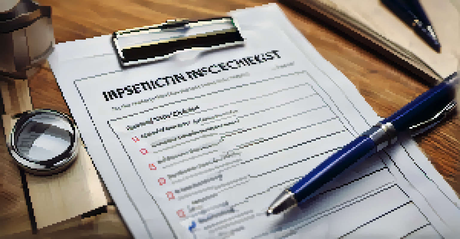 A close-up of a home inspection checklist on a wooden table, accompanied by a clipboard, pen, and magnifying glass, with a blurred house in the background.