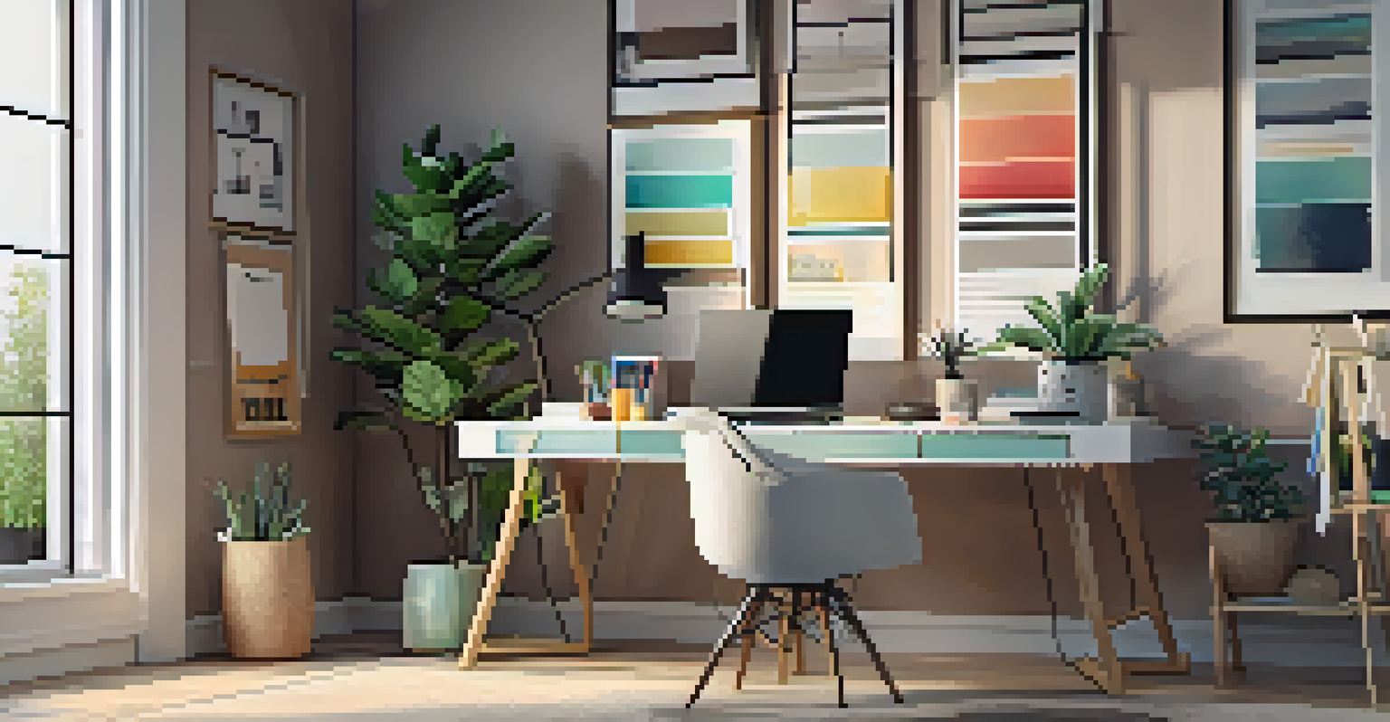 A modern home office workspace with a dual-monitor setup, organized cables, colorful desk accessories, and bright ambient lighting.