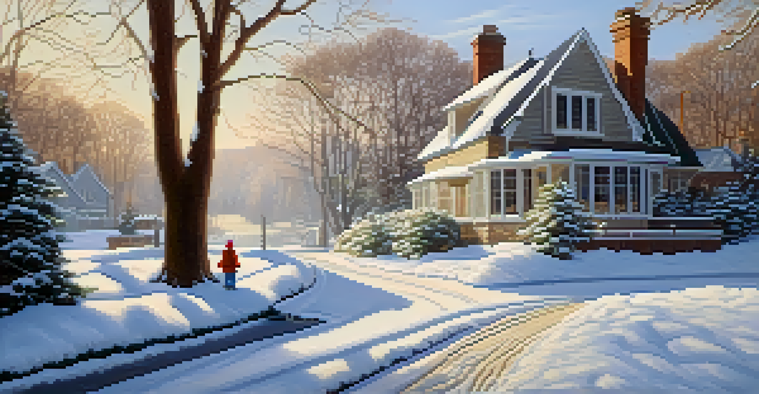 A person shoveling snow from a clear walkway in front of a house, with trees in the background.