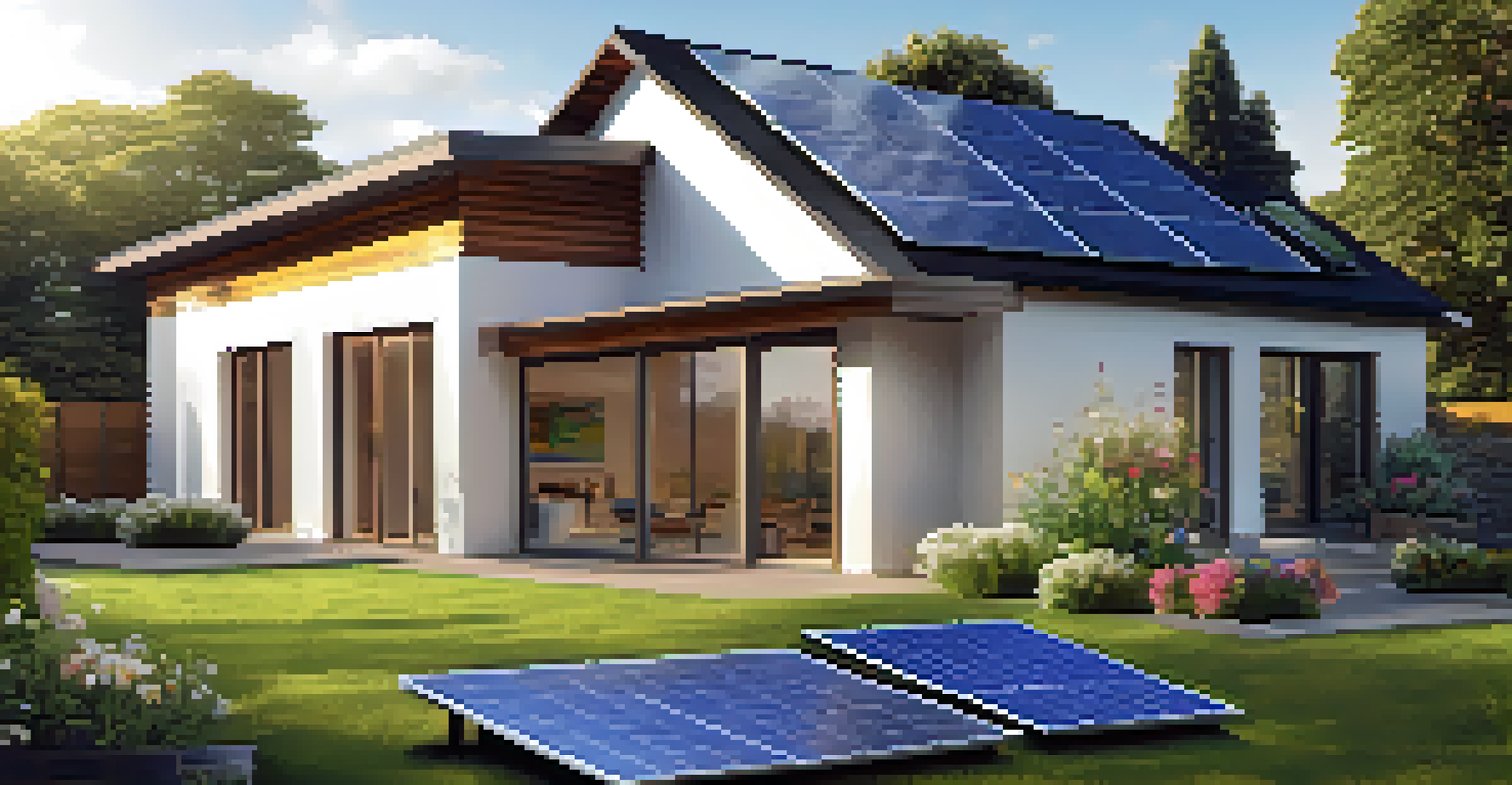 An outdoor view of a house with solar panels on the roof and a smart energy management system inside.