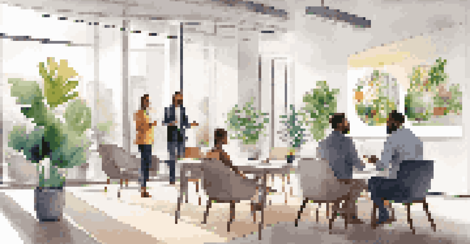 A real estate agent presenting to a diverse group of clients in a bright office space, highlighting potential homes.