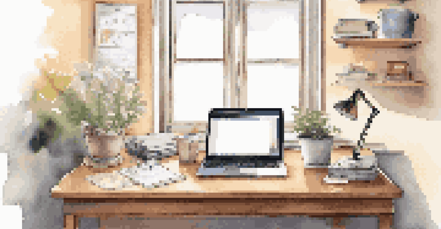A clean and organized workspace with a laptop, notepad, and coffee cup, illuminated by a warm desk lamp.