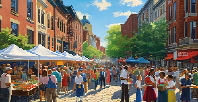 A lively community event in front of a historic building, with people participating in educational activities and colorful displays.