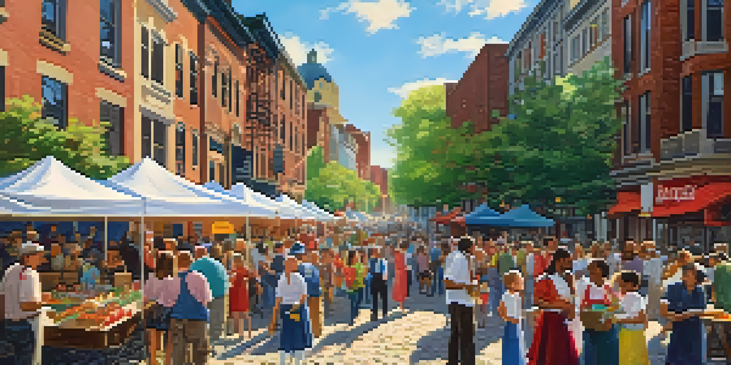 A lively community event in front of a historic building, with people participating in educational activities and colorful displays.