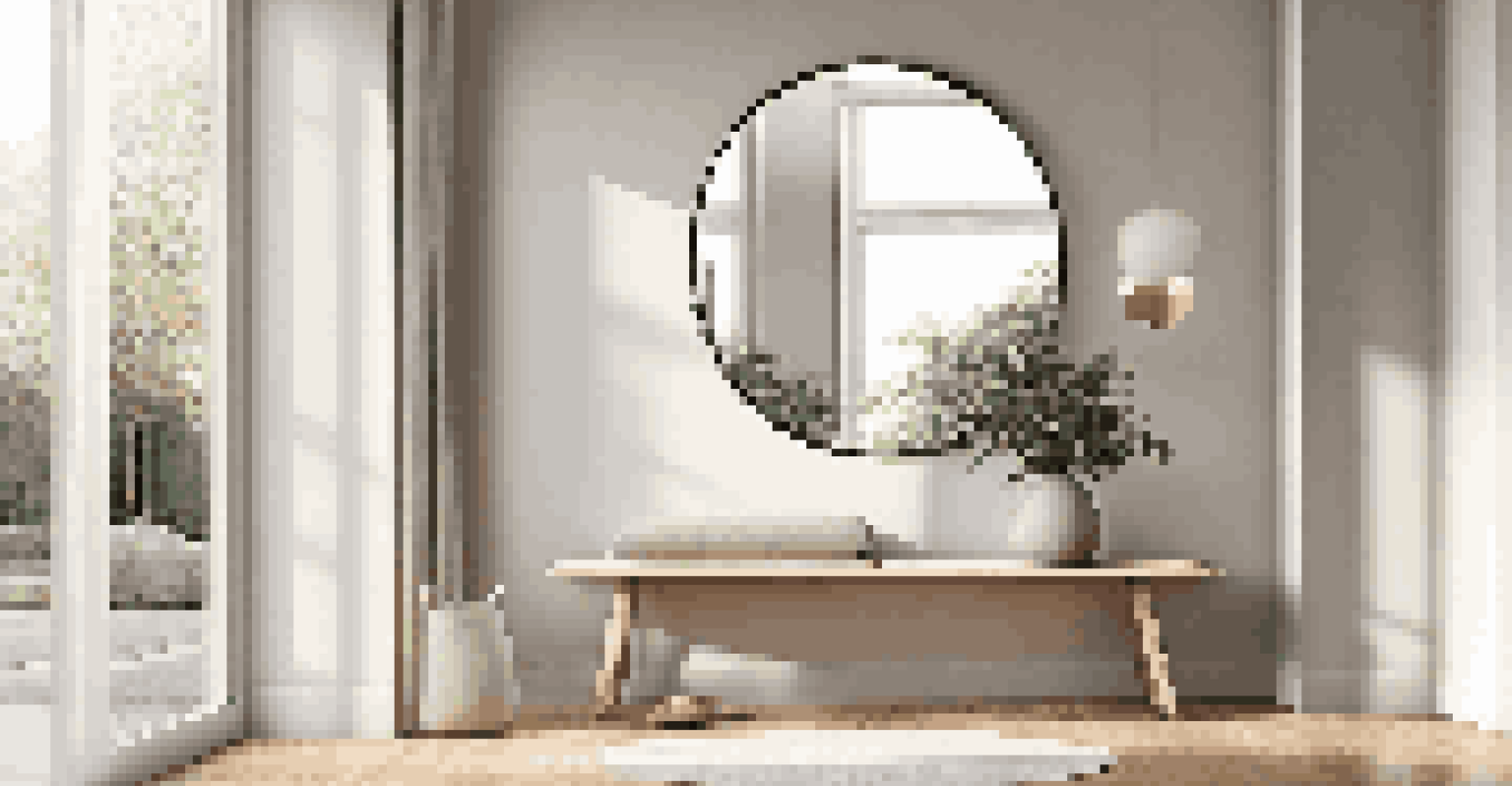A modern entryway with a round mirror at eye level, neutral colors, wooden flooring, and a bright atmosphere.