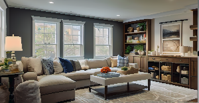 A cozy family room in a renovated basement with soft lighting, plush furniture, and large windows.