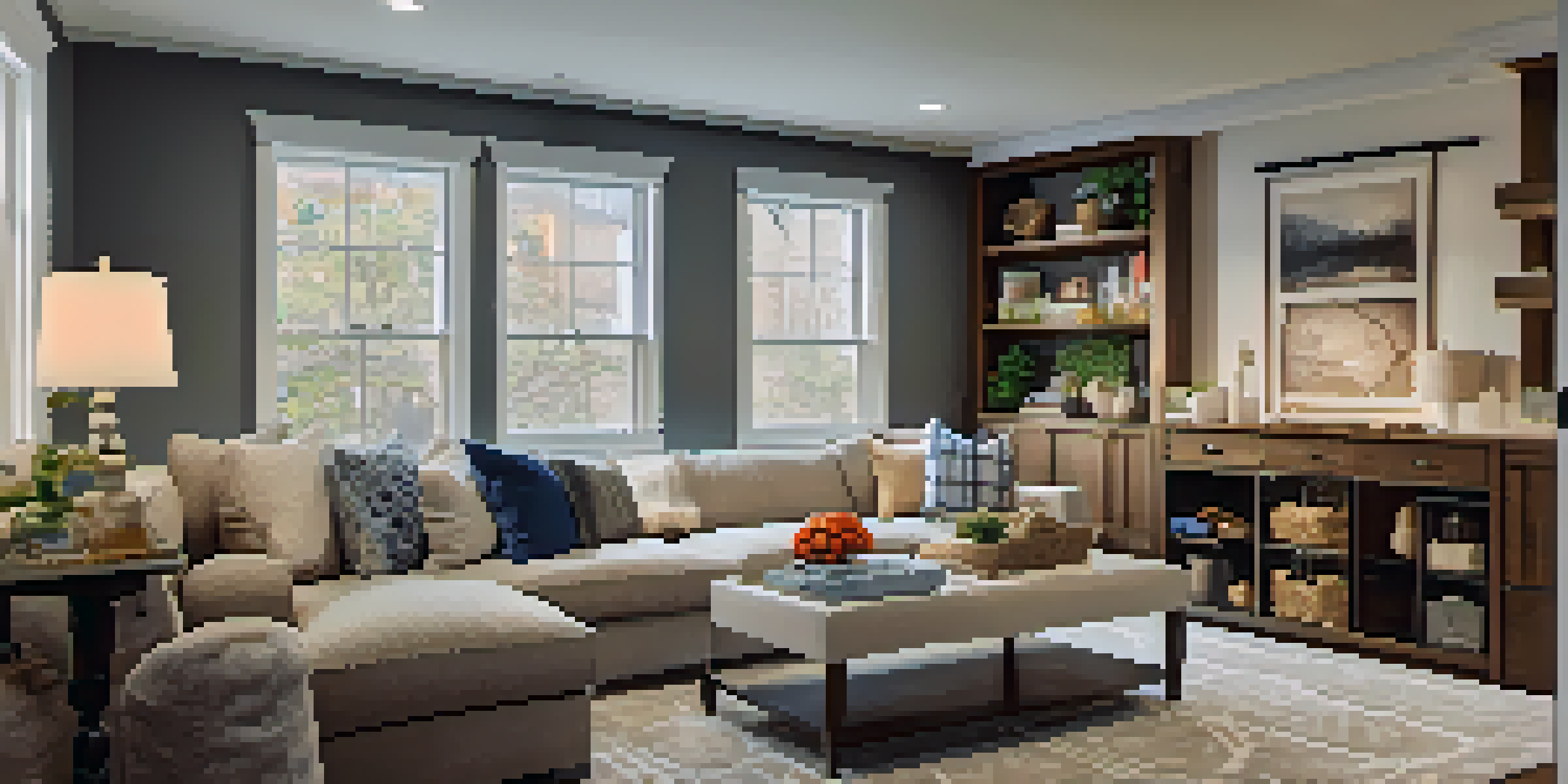 A cozy family room in a renovated basement with soft lighting, plush furniture, and large windows.