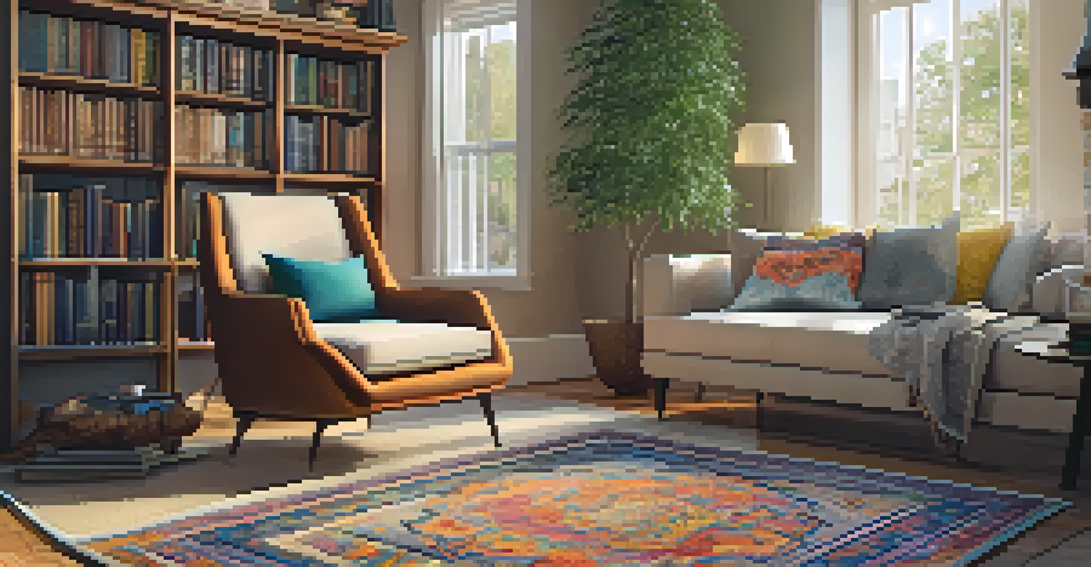 A cozy reading nook with layered rugs beneath an armchair, surrounded by bookshelves and warm lighting for a relaxing atmosphere.