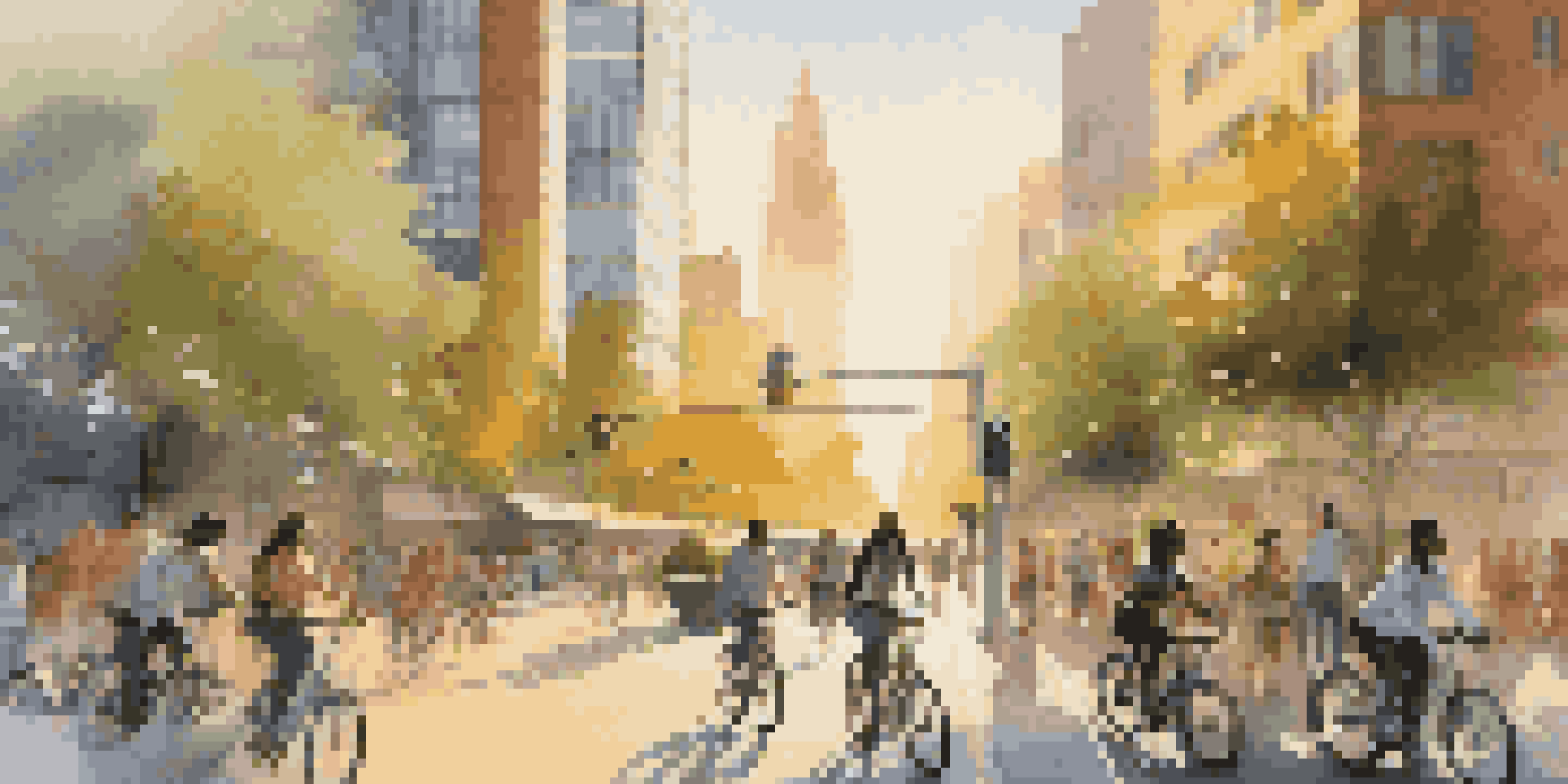 A colorful urban scene of a smart city with green buildings, solar panels, smart streetlights, and people engaging in biking and walking during sunset.