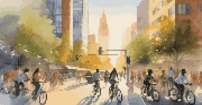 A colorful urban scene of a smart city with green buildings, solar panels, smart streetlights, and people engaging in biking and walking during sunset.