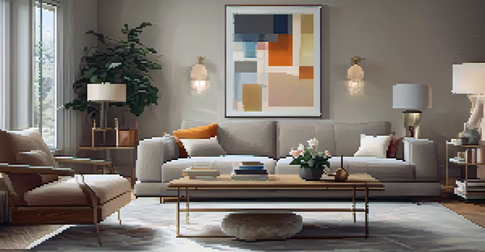 A cozy living room with a large abstract painting, warm furniture, and soft lighting.