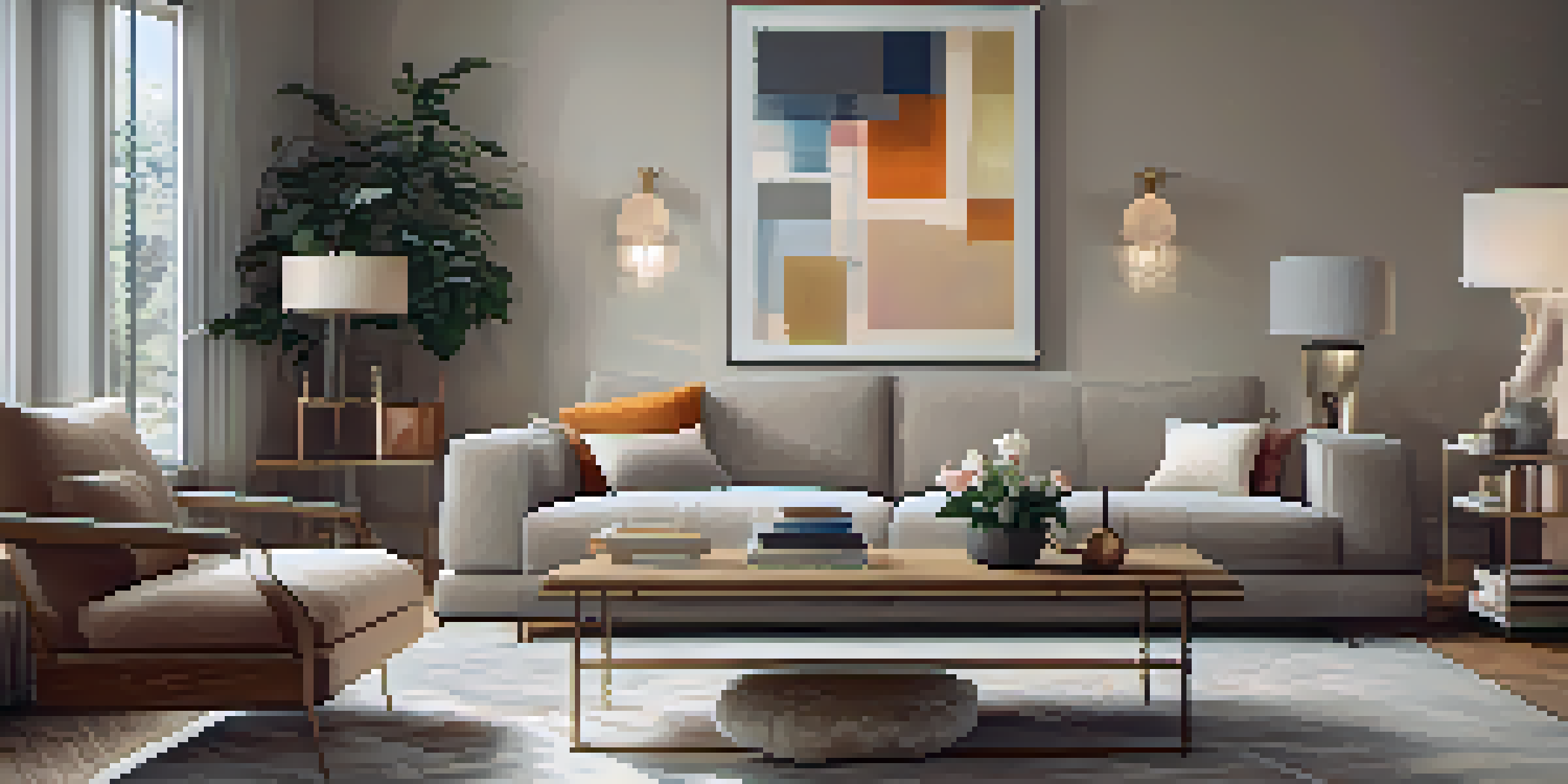 A cozy living room with a large abstract painting, warm furniture, and soft lighting.