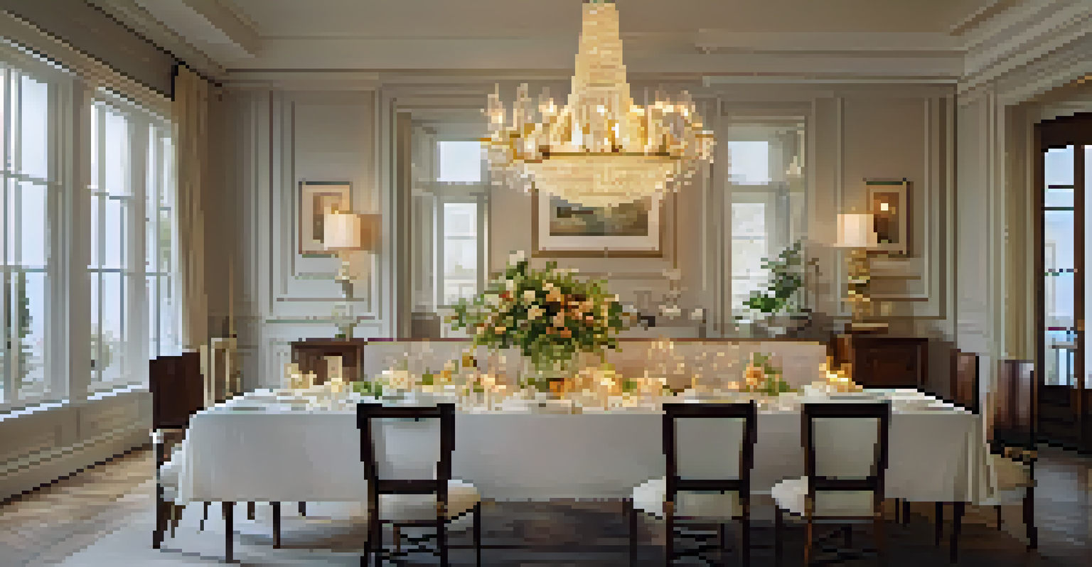An elegant dining room with a long wooden table set for a meal, adorned with white plates, golden cutlery, and a beautiful centerpiece of fresh flowers.