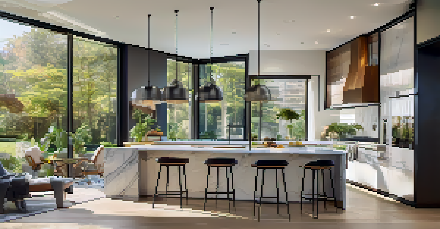 A modern kitchen featuring an island, sleek cabinetry, and natural light from large windows.