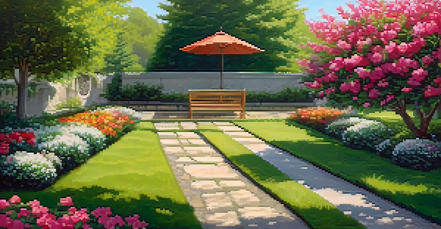 A landscaped garden filled with vibrant flowers, trimmed hedges, and a stone pathway, with a sunny atmosphere and a wooden bench under a blooming tree.