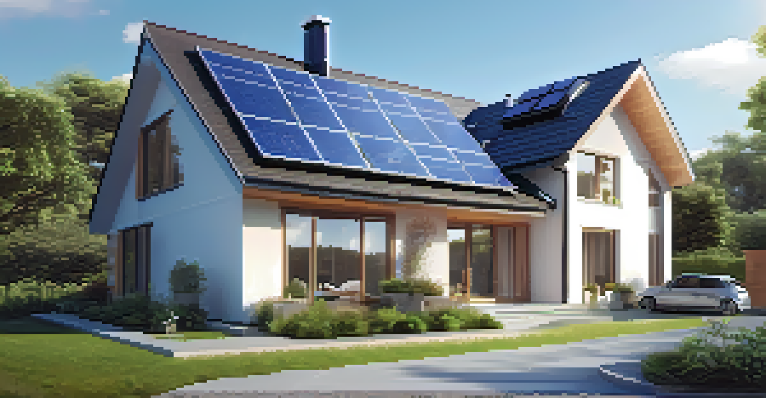 An energy-efficient home with solar panels and smart technology surrounded by greenery.