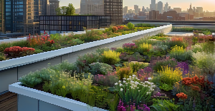 A green roof garden filled with colorful native plants on a modern building, with the city skyline in the background.