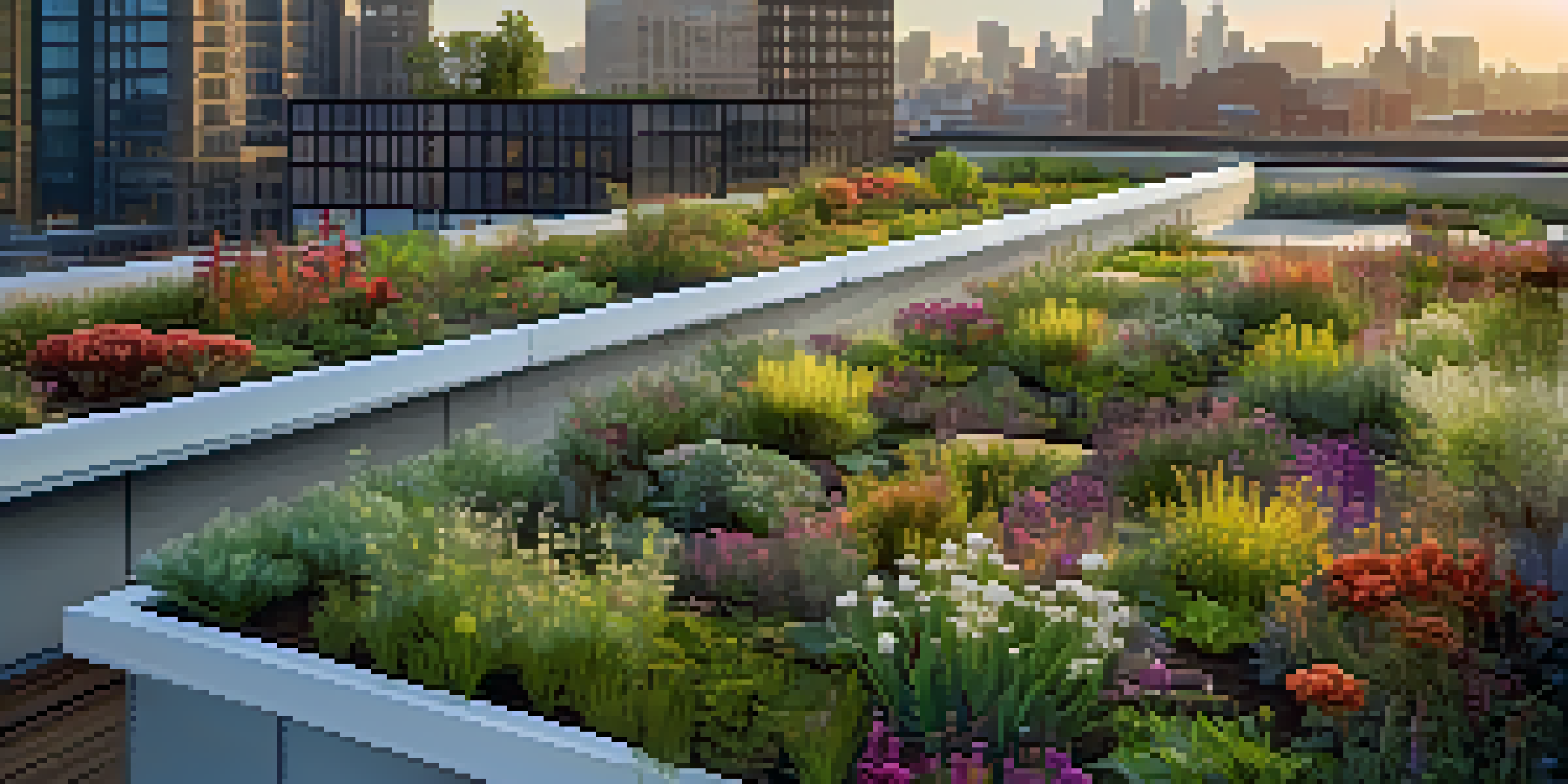 A green roof garden filled with colorful native plants on a modern building, with the city skyline in the background.