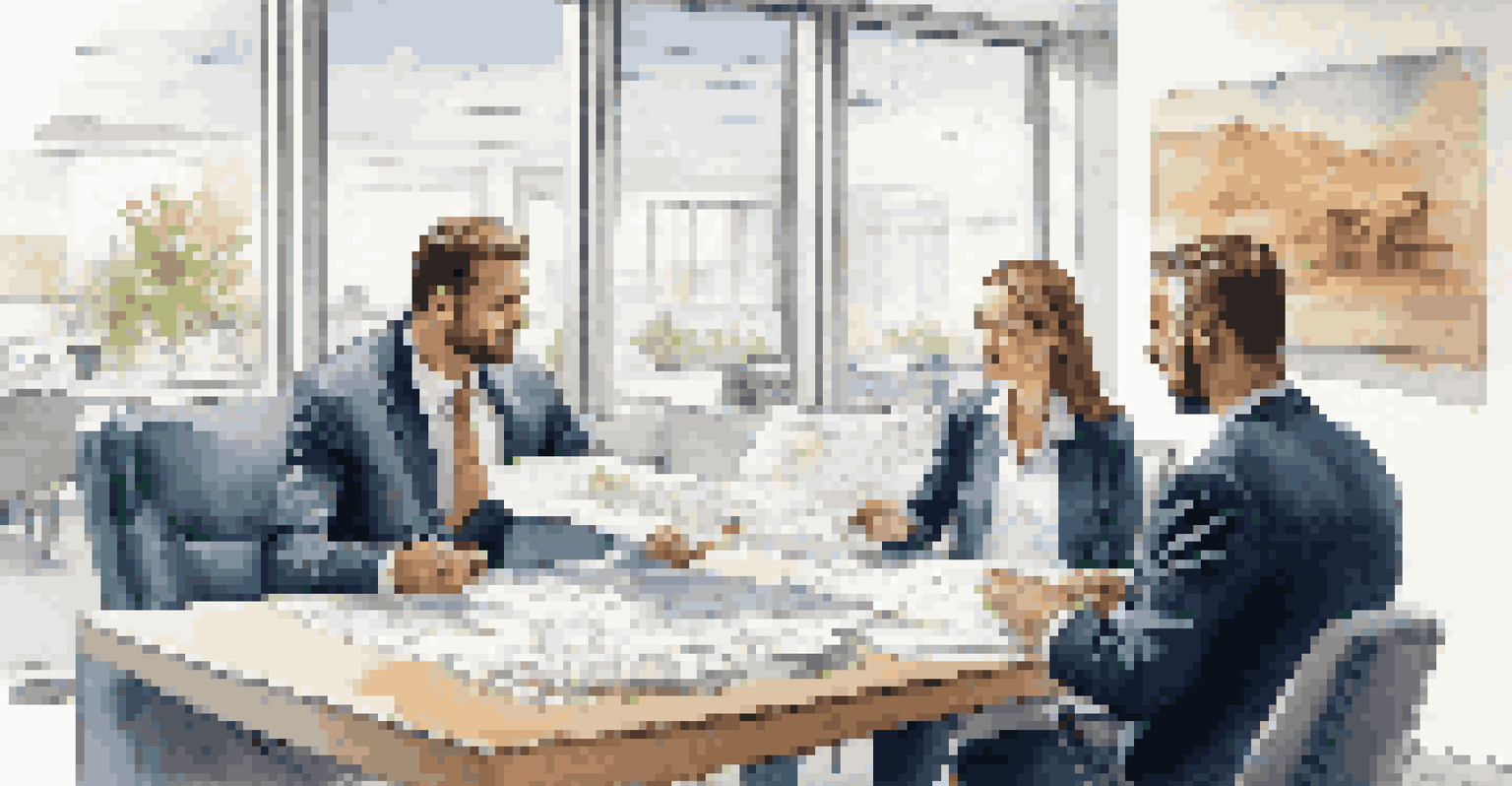 A real estate agent seated with a couple at a table, discussing home purchase documents, with a laptop displaying closing costs.