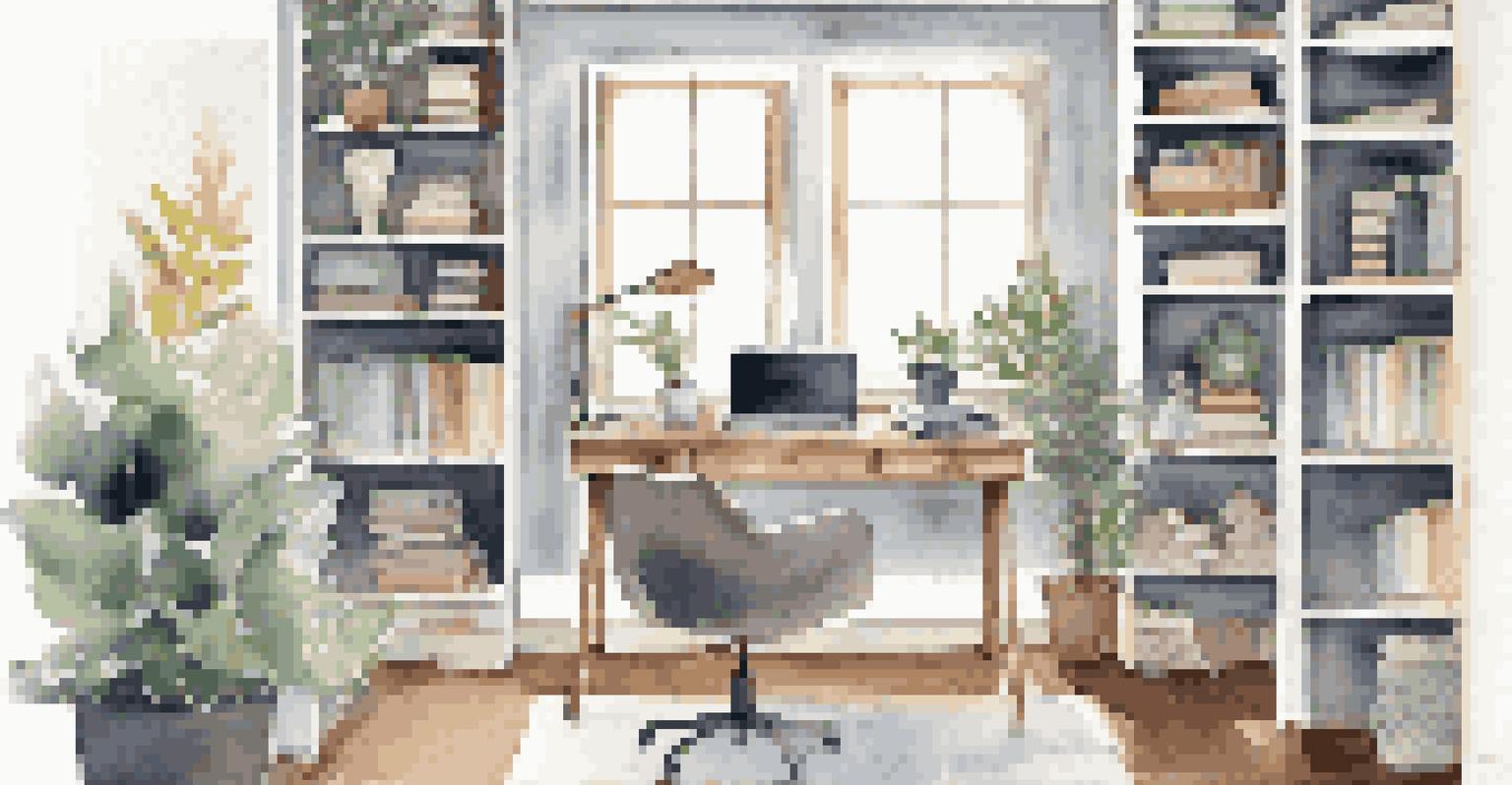 A modern home office with a desk, chair, laptop, and bookshelves, illuminated by a soft lamp.